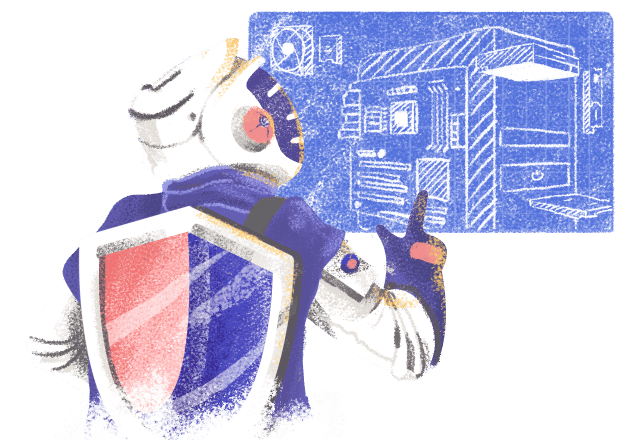 Jawa mascot pointing at a PC blueprint
