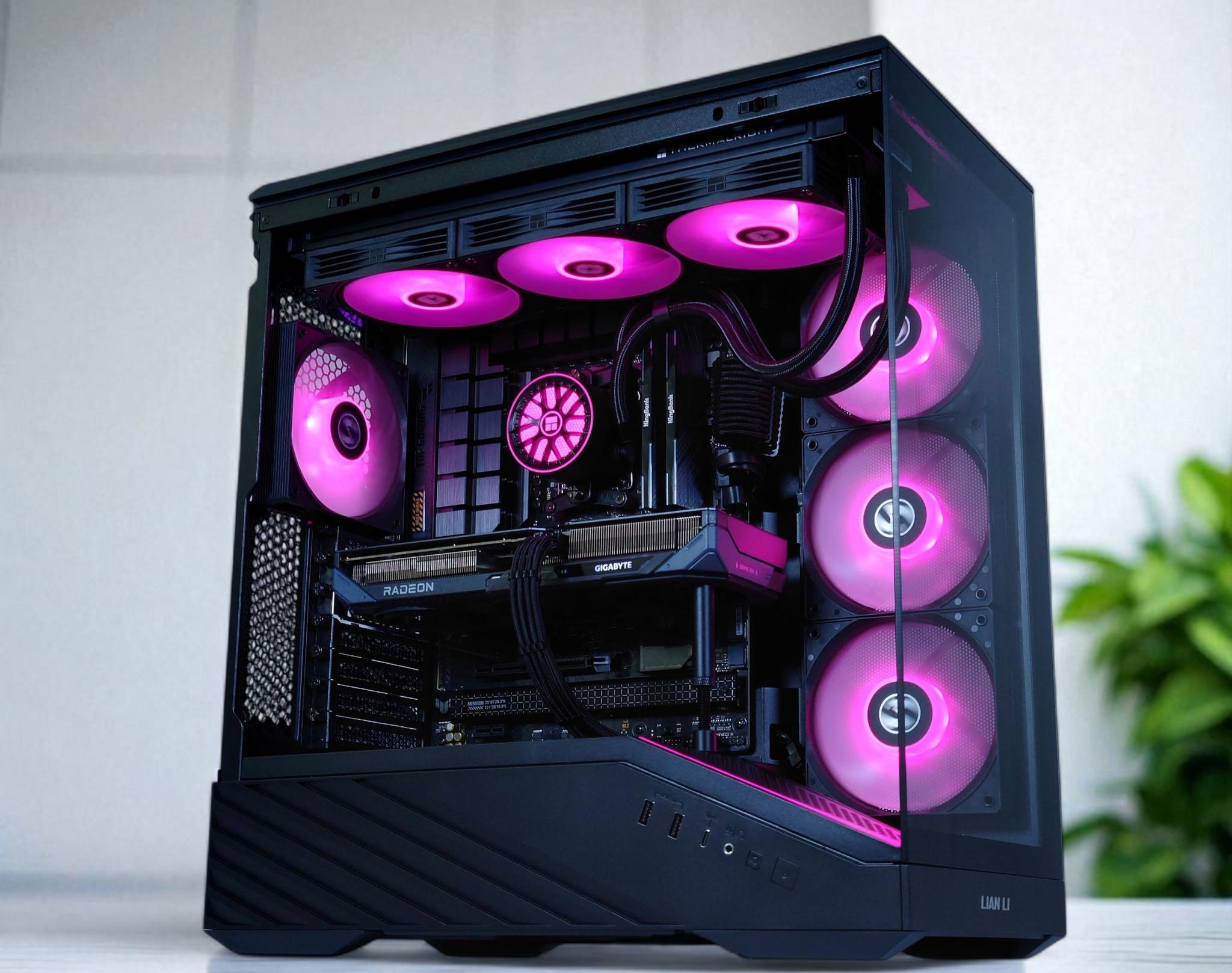 Black Midrange gaming PC with liquid cooling and pink lighting