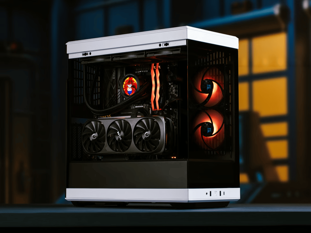 White Pro Gamer PC with liquid cooling and a triple-fan graphics card
