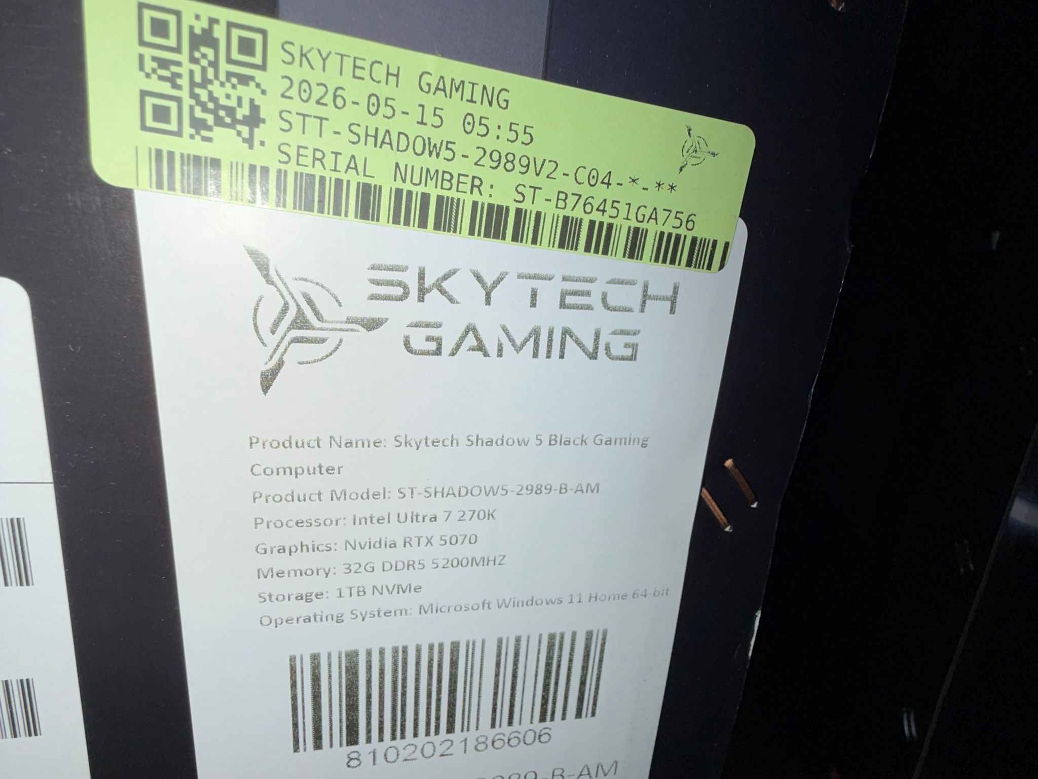 Skytech Shadow 5 Gaming PC - Core Ultra 7 270K Plus | RTX 5070 | 32GB DDR5 | 1TB NVMe