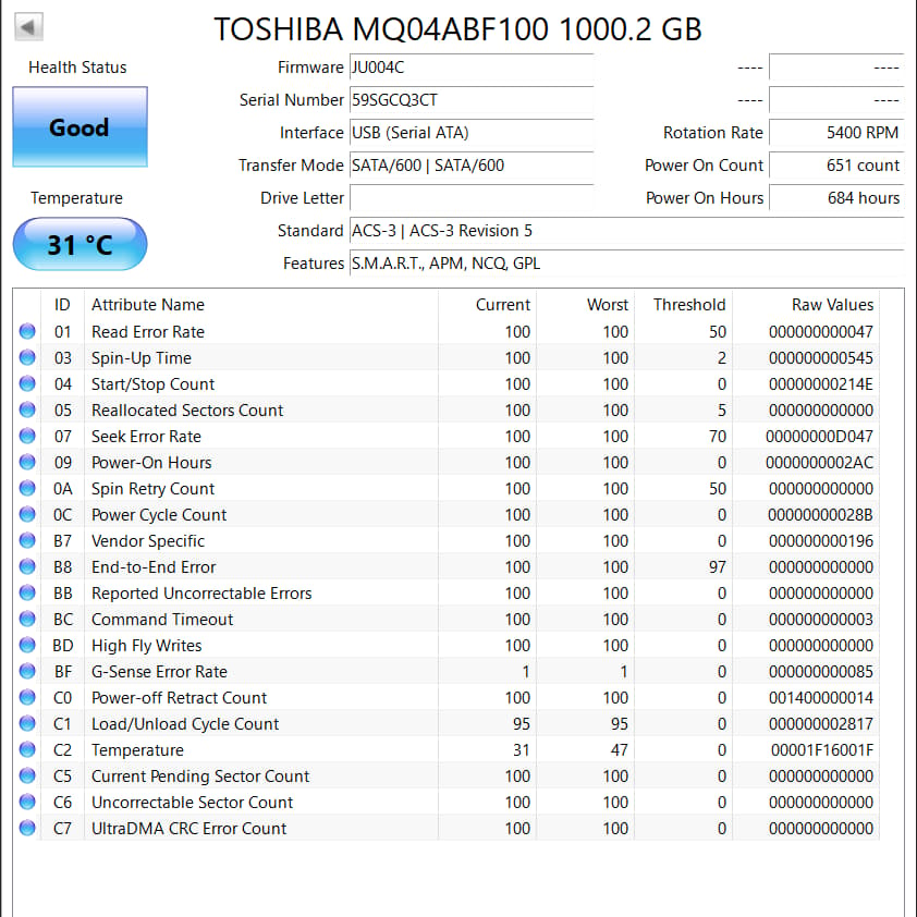 Toshiba 1TB 5400RPM 2.5" SATA III Thin 7mm Hard Drive | Low hours