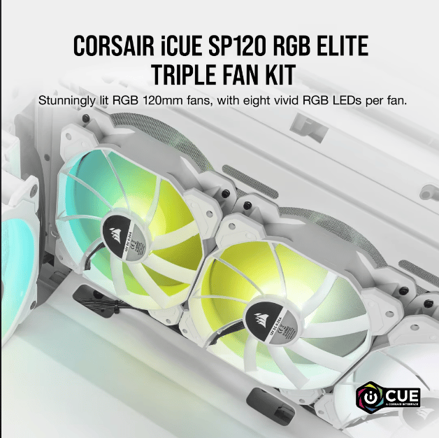 iCUE SP120 RGB ELITE Performance 120mm White PWM Fan — Triple Pack with Lighting Node CORE
