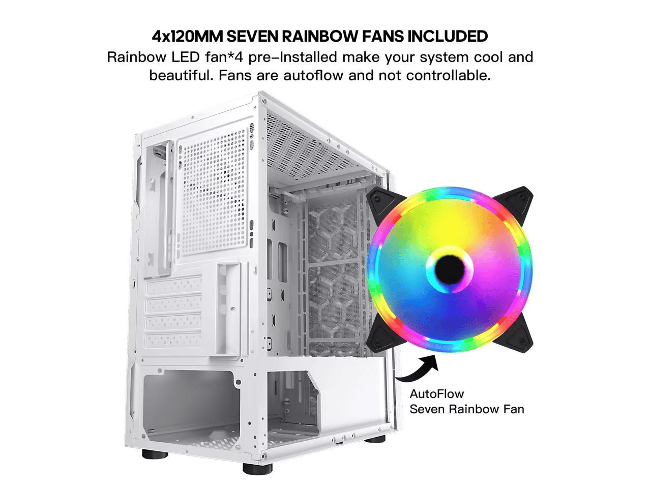 ESGAMING White Micro ATX Mini ITX Tower Micro ATX Case, Tempered Glass Side Panel, Rainbow LED Fans