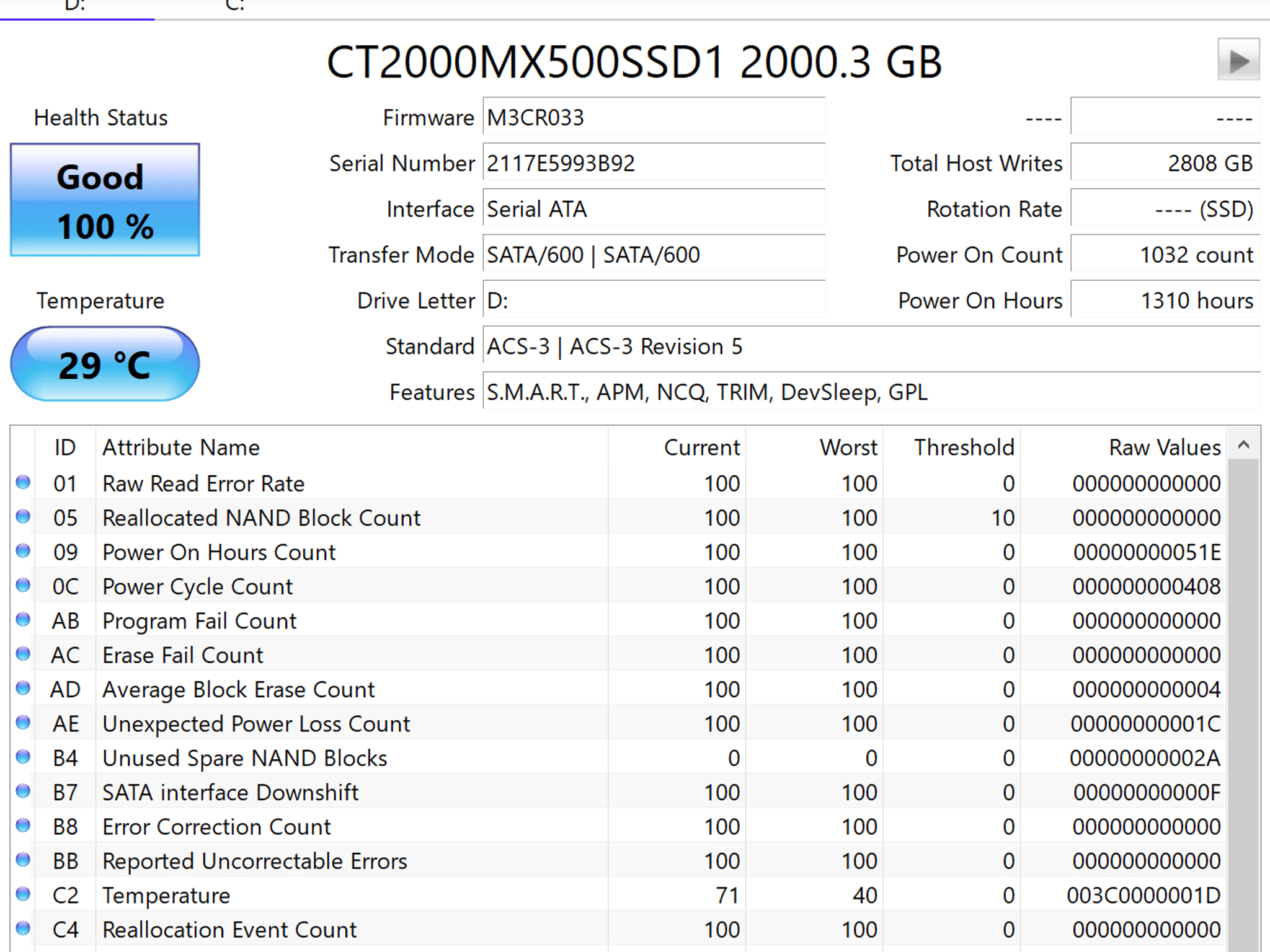 Used Crucial MX500 2 TB 2.5 SSD
