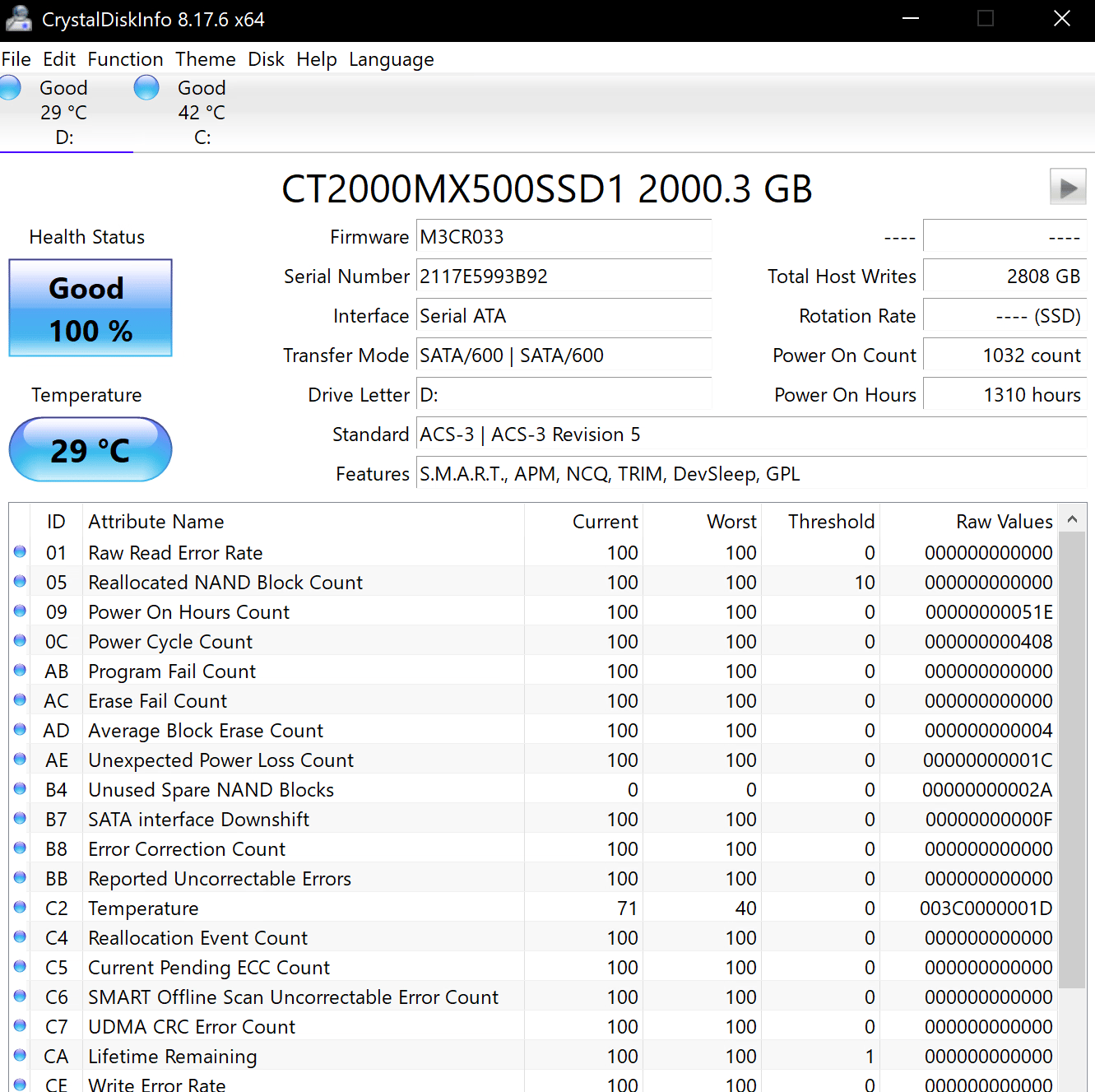 Used Crucial MX500 2 TB 2.5 SSD