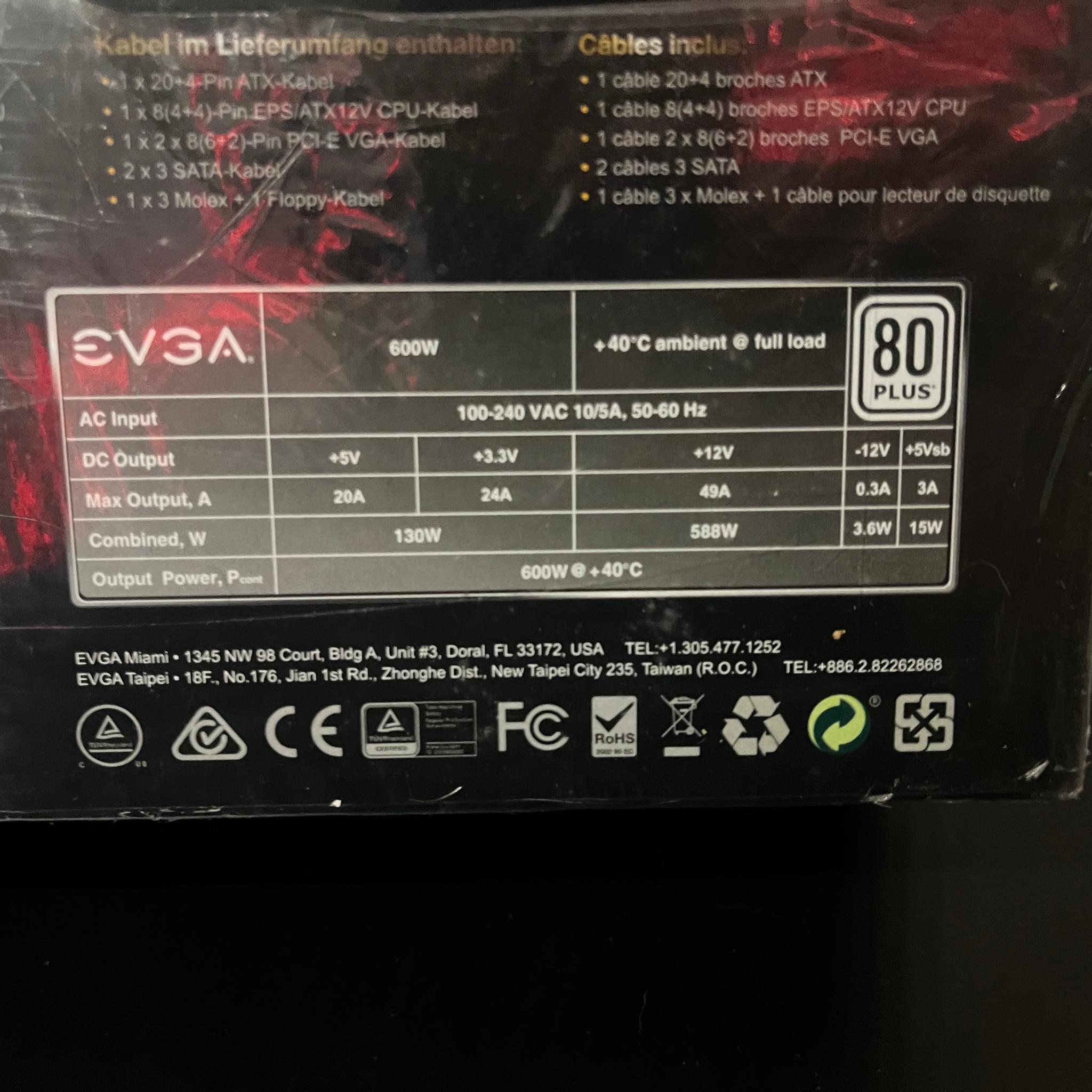 (NEW SEALED) EVGA 600 watt 80 plus certified power supply, 100-W1-0600-K1