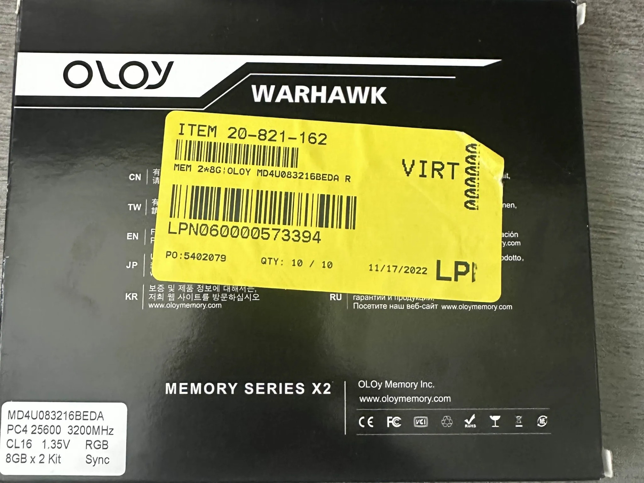 OLOY warhawk 2x8 3200mhz CL16 RAM OPEN BOX