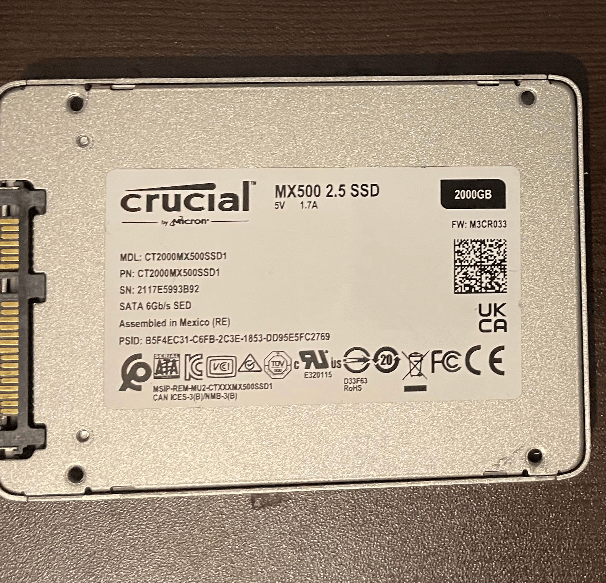 Used Crucial MX500 2 TB 2.5 SSD