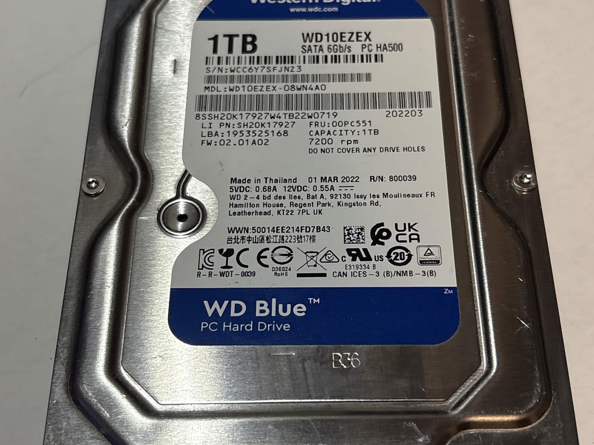 WD Blue 1TB 7200RPM 3.5" SATA Hard Drive HDD – WD10EZEX – Good SMART