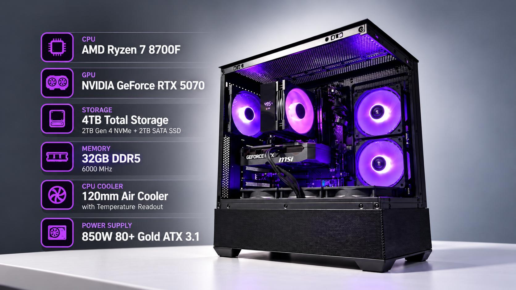 NIGHTFALL 5070 | Ryzen 7 8700F | RTX 5070 | 32GB DDR5 | 4TB SSD use to be a workstation OR gamer