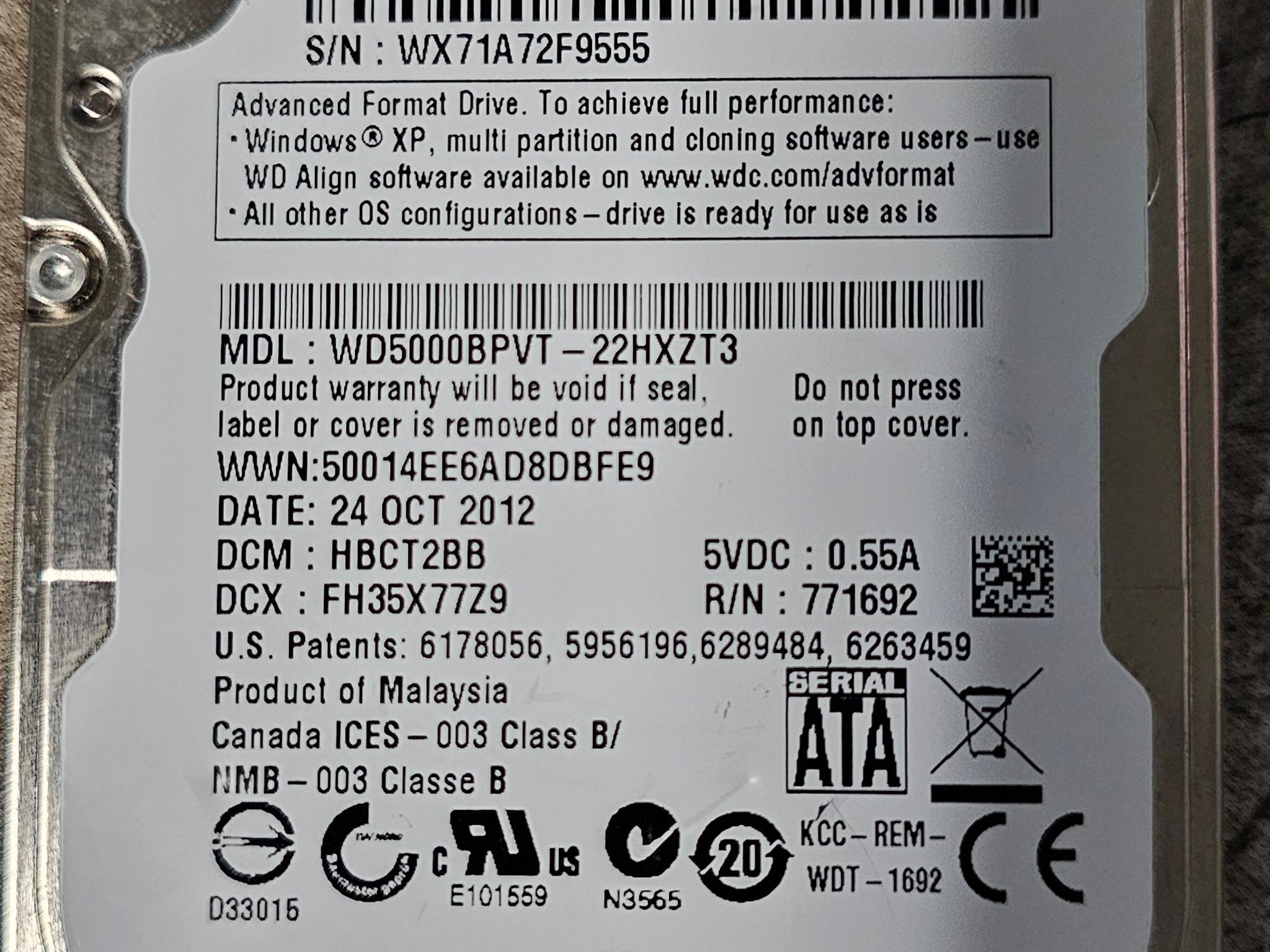 WD Blue 500GB SATAII 2.5"x9mm 5400RPM HDD