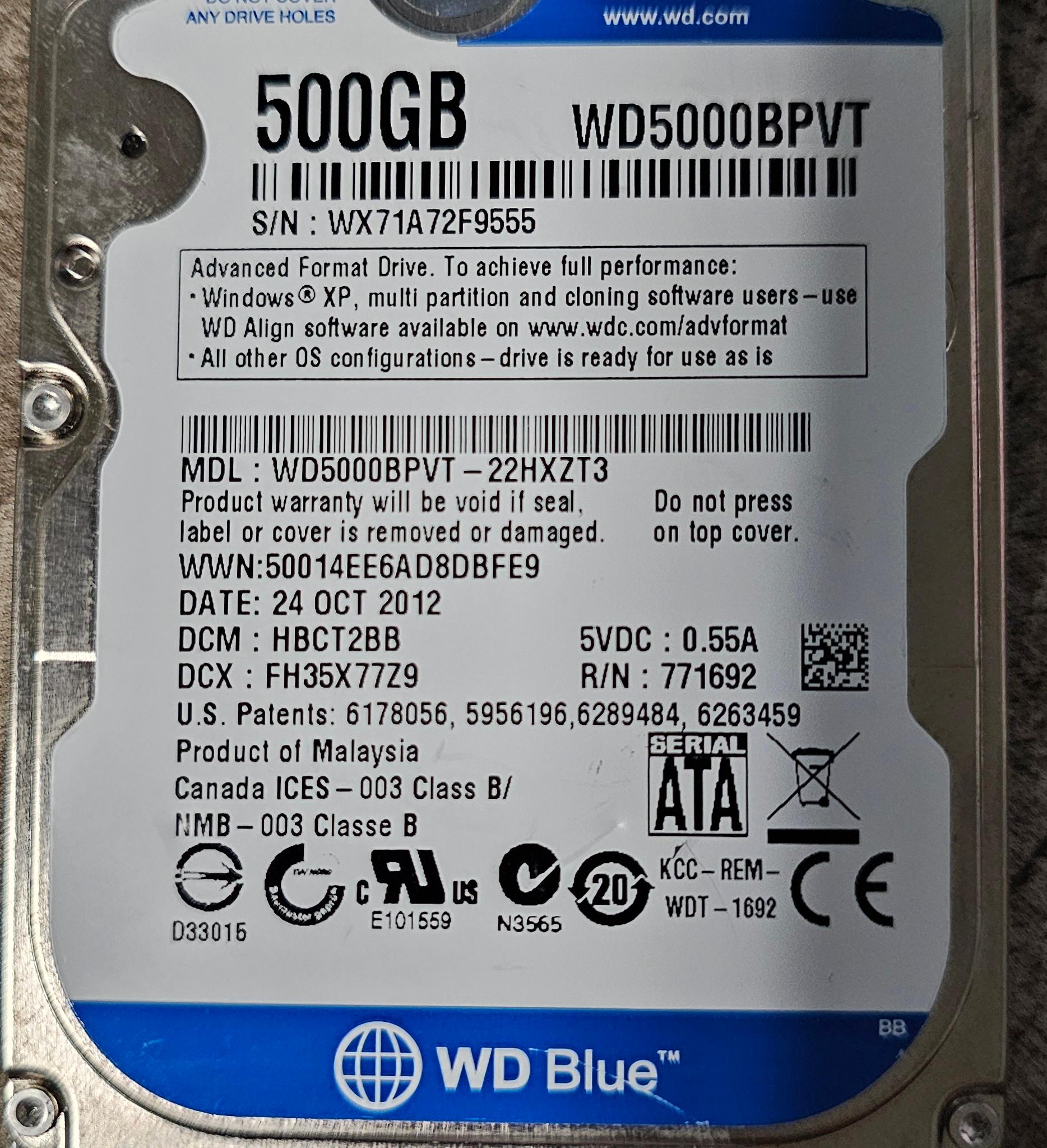 WD Blue 500GB SATAII 2.5"x9mm 5400RPM HDD