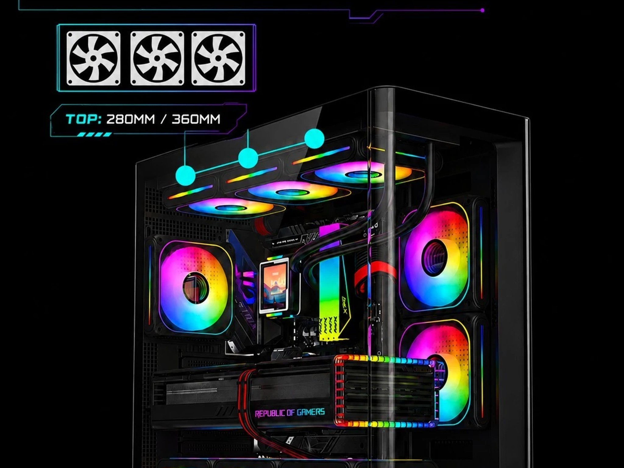 Black ARGB ATX Gaming PC Case Curved Tempered Glass w/ 5 Pre-Installed Fans