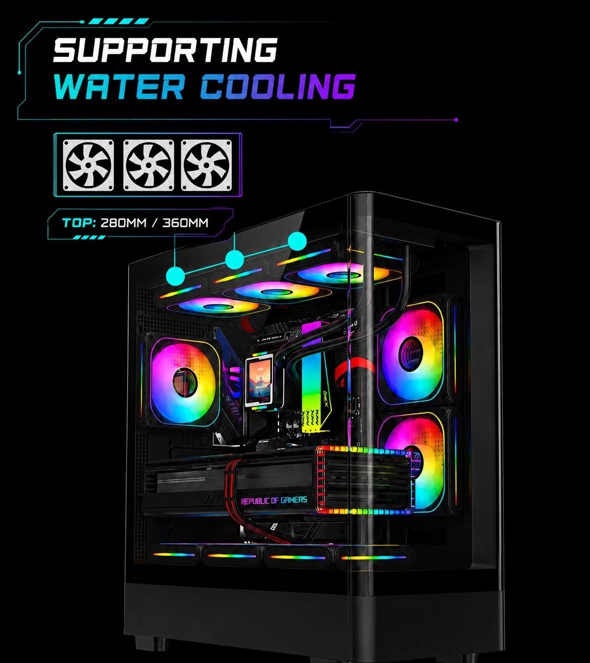Black ARGB ATX Gaming PC Case Curved Tempered Glass w/ 5 Pre-Installed Fans