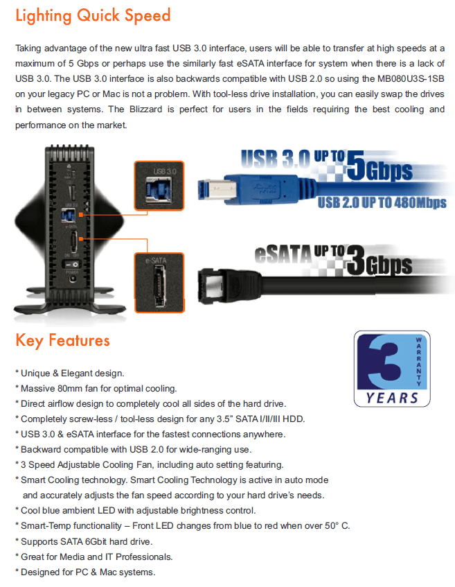 ICY DOCK Blizzard USB 3.0 & eSATA External 3.5” Sata Hard Drive Enclosure (MB080U3S-1SB)
