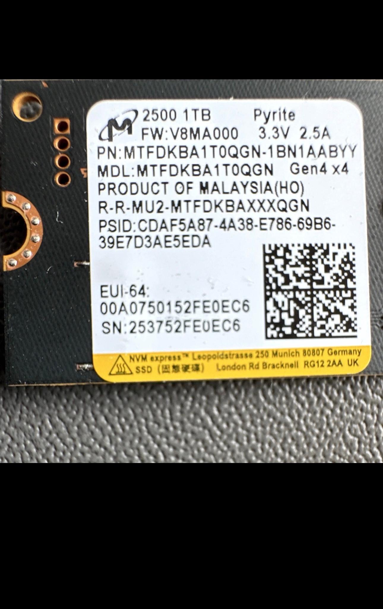 Micron 2500 1TB NVMe Gen4 x4 SSD