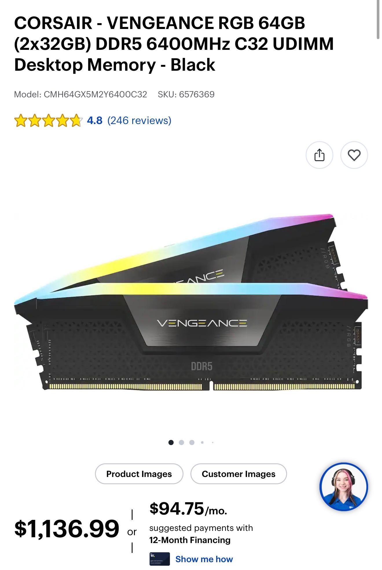 CORSAIR VENGEANCE RGB DDR5 RAM 64GB (2x32GB) 6400MHz C32 UDIMM
