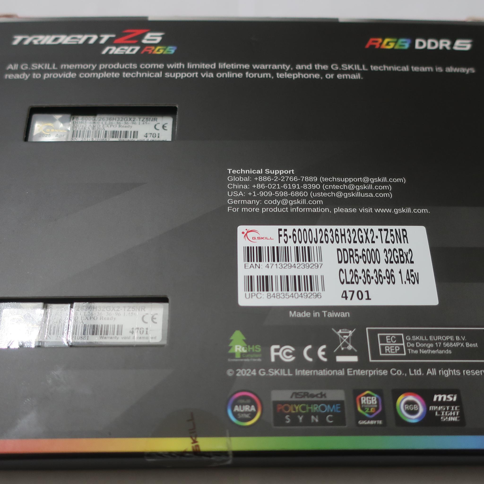 G.Skill Trident Z5 Neo RGB 64 GB (2 x 32 GB) DDR5-6000 CL26 Memory
