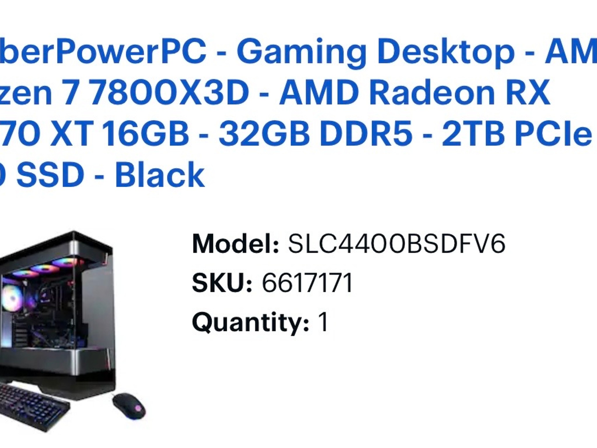 CyberPowerPC Gaming PC AMD Ryzen 7 7800X3D RX 9070 XT 32GB DDR5 2TB SSD