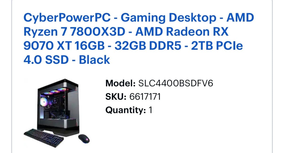 CyberPowerPC Gaming PC AMD Ryzen 7 7800X3D RX 9070 XT 32GB DDR5 2TB SSD