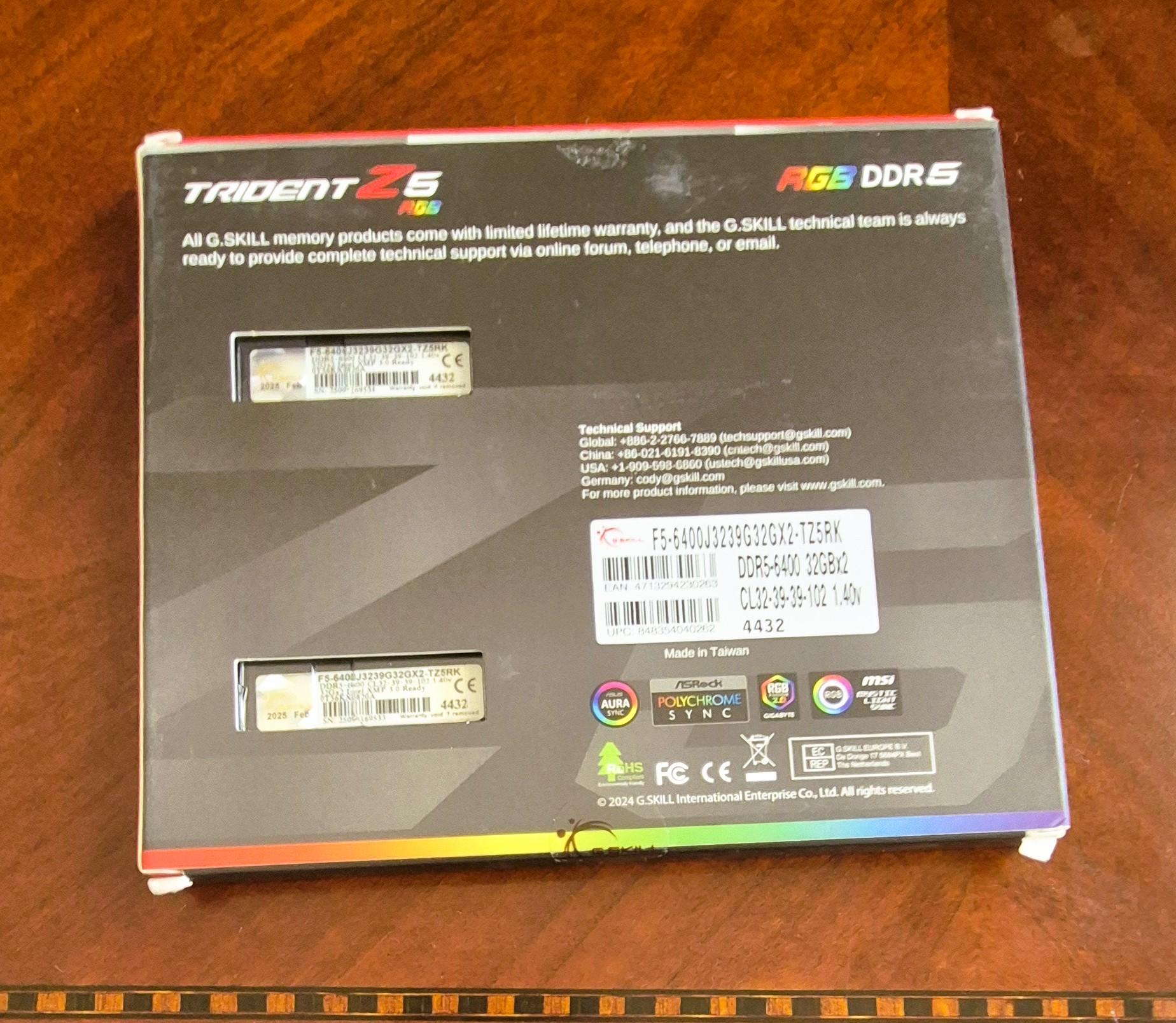 64GB G.SKILL Z5 RGB (2x32GB) DDR5-6400 RAM, F5-6400J3239G32GX2-TZ5RK