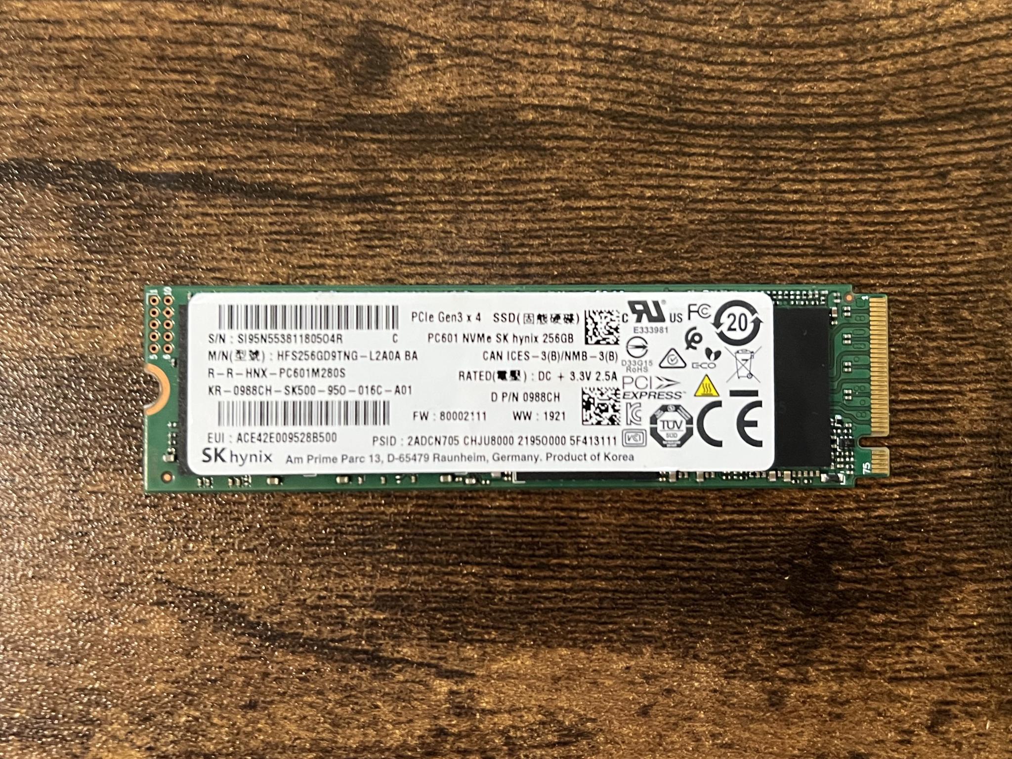 256GB PCIe Gen 3.0x4.0 M.2 NVMe SK Hynix PC601 with DRAM Cache - 100% Health