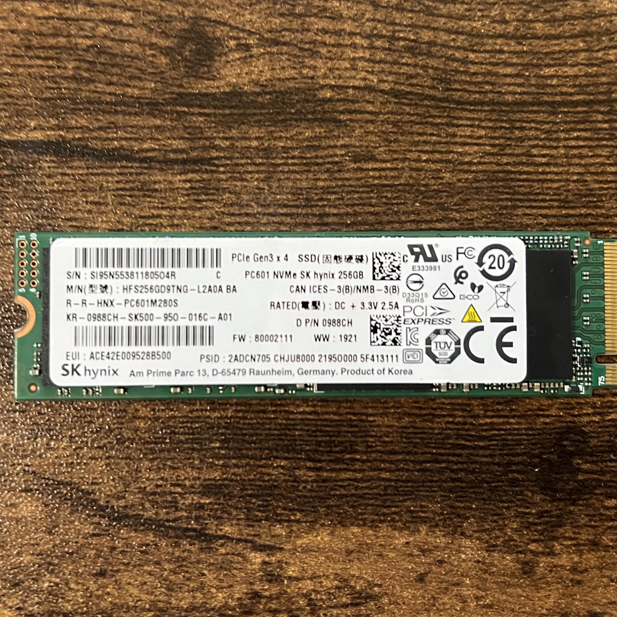 256GB PCIe Gen 3.0x4.0 M.2 NVMe SK Hynix PC601 with DRAM Cache - 100% Health