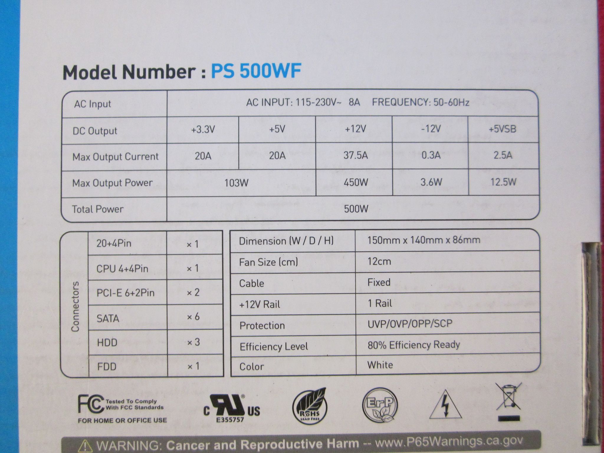 NEW! PowerSpec 500W 80+ Power Supply All White