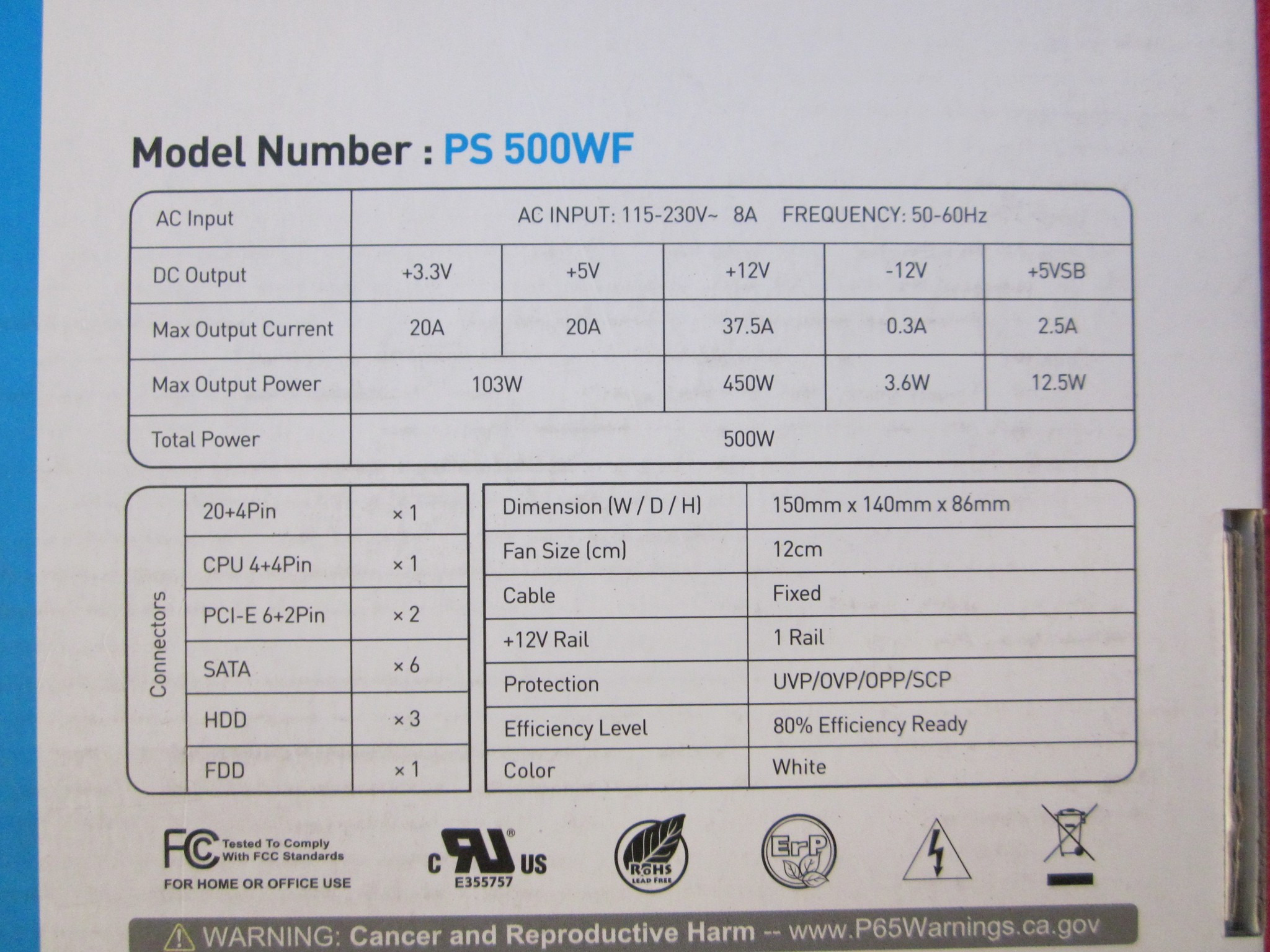 NEW! PowerSpec 500W 80+ Power Supply All White