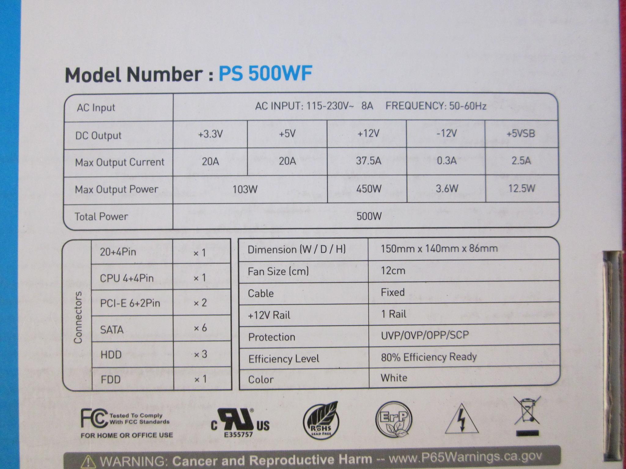 NEW! PowerSpec 500W 80+ Power Supply All White