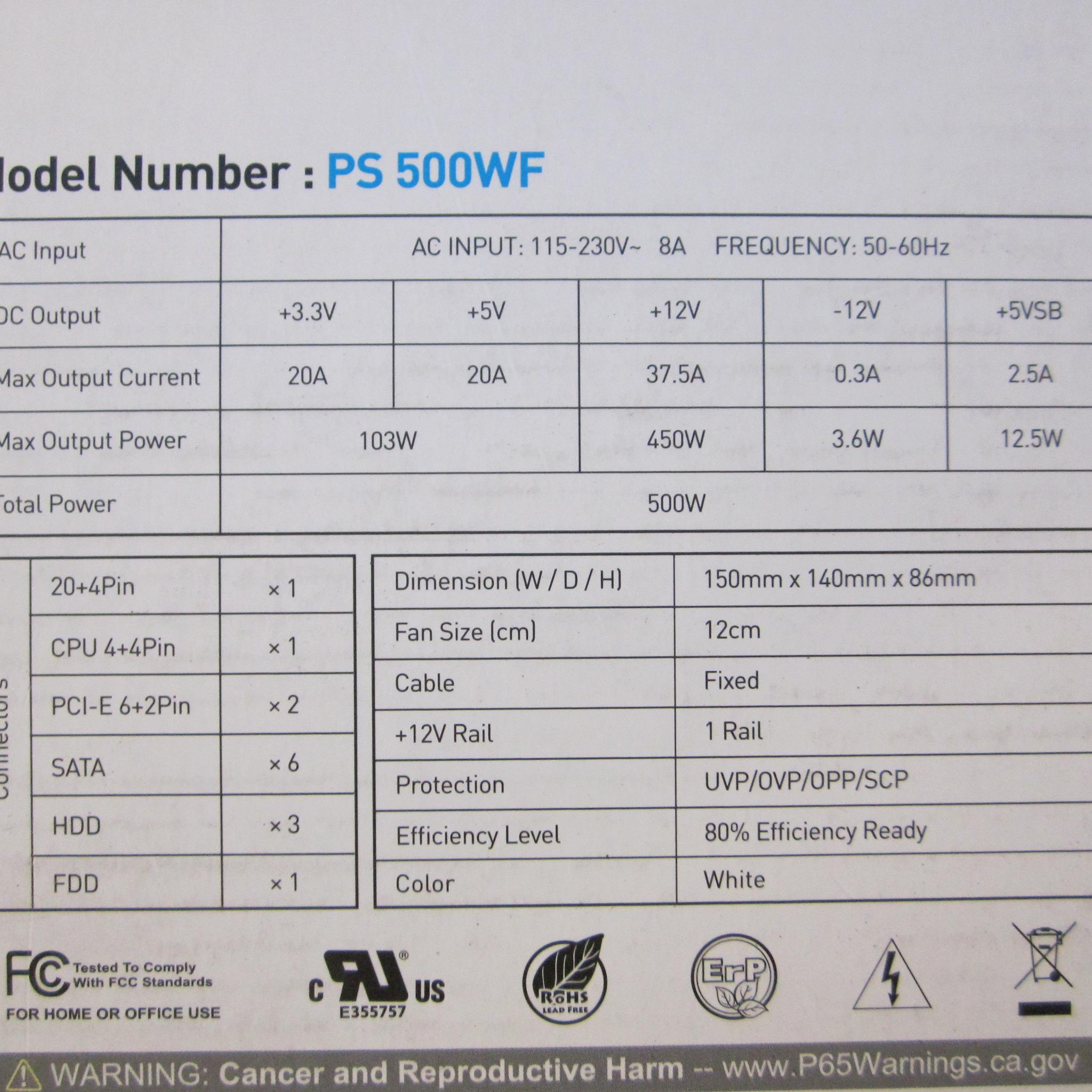 NEW! PowerSpec 500W 80+ Power Supply All White