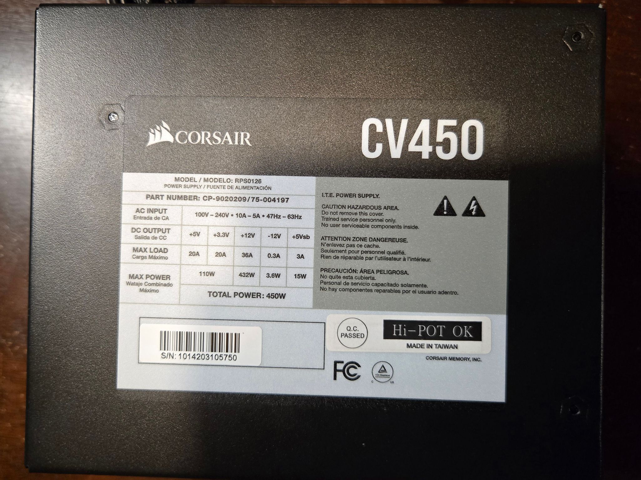 Corsair CV450, non modular, atx, 80plus Bronze