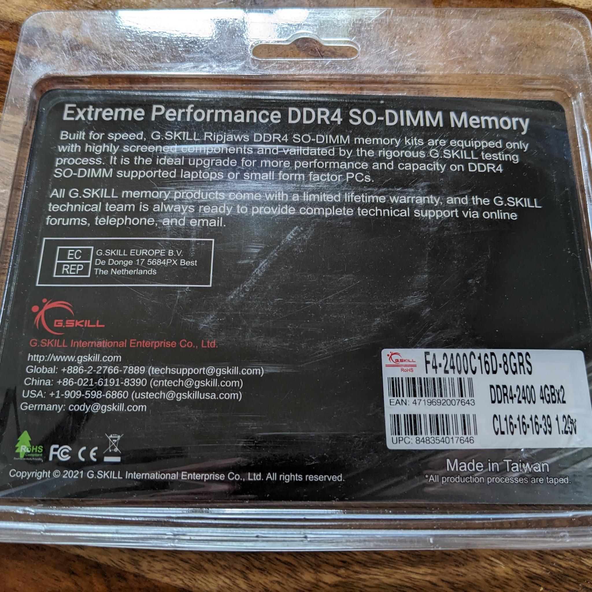 G.SKILL Ripjaws DDR4 SO-DIMM 4GBx2 CL16 2400 IOB