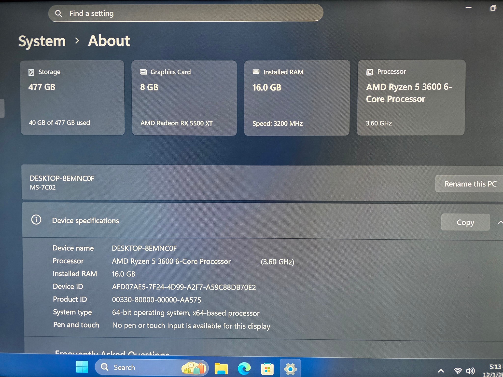 Custom Gaming PC Build AMD 3600, Rx 5500xt 8gb,  16gb DDR4 512GB SSD Win 11