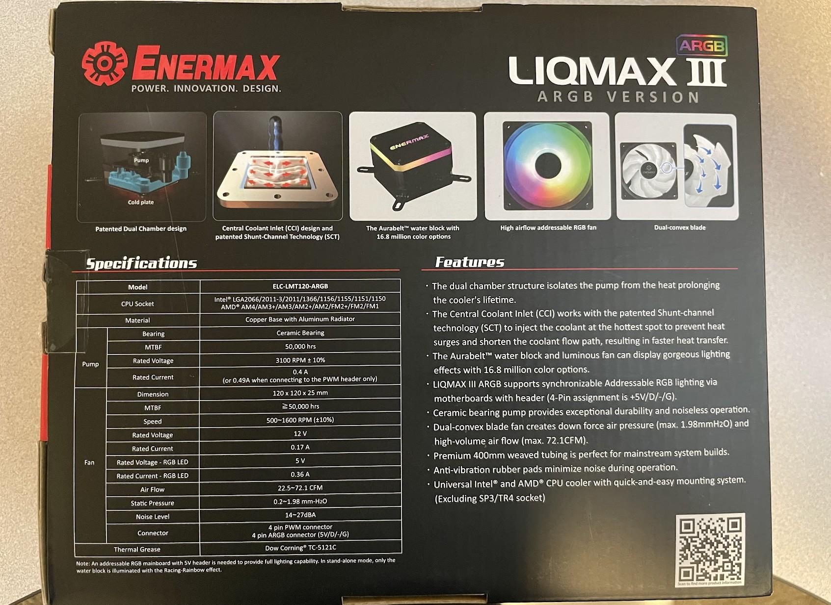 Enermax LIQMAX III ARGB 120mm All-in-one AIO Closed Loop Liquid Cooler CLC for Intel and AMD CPUs