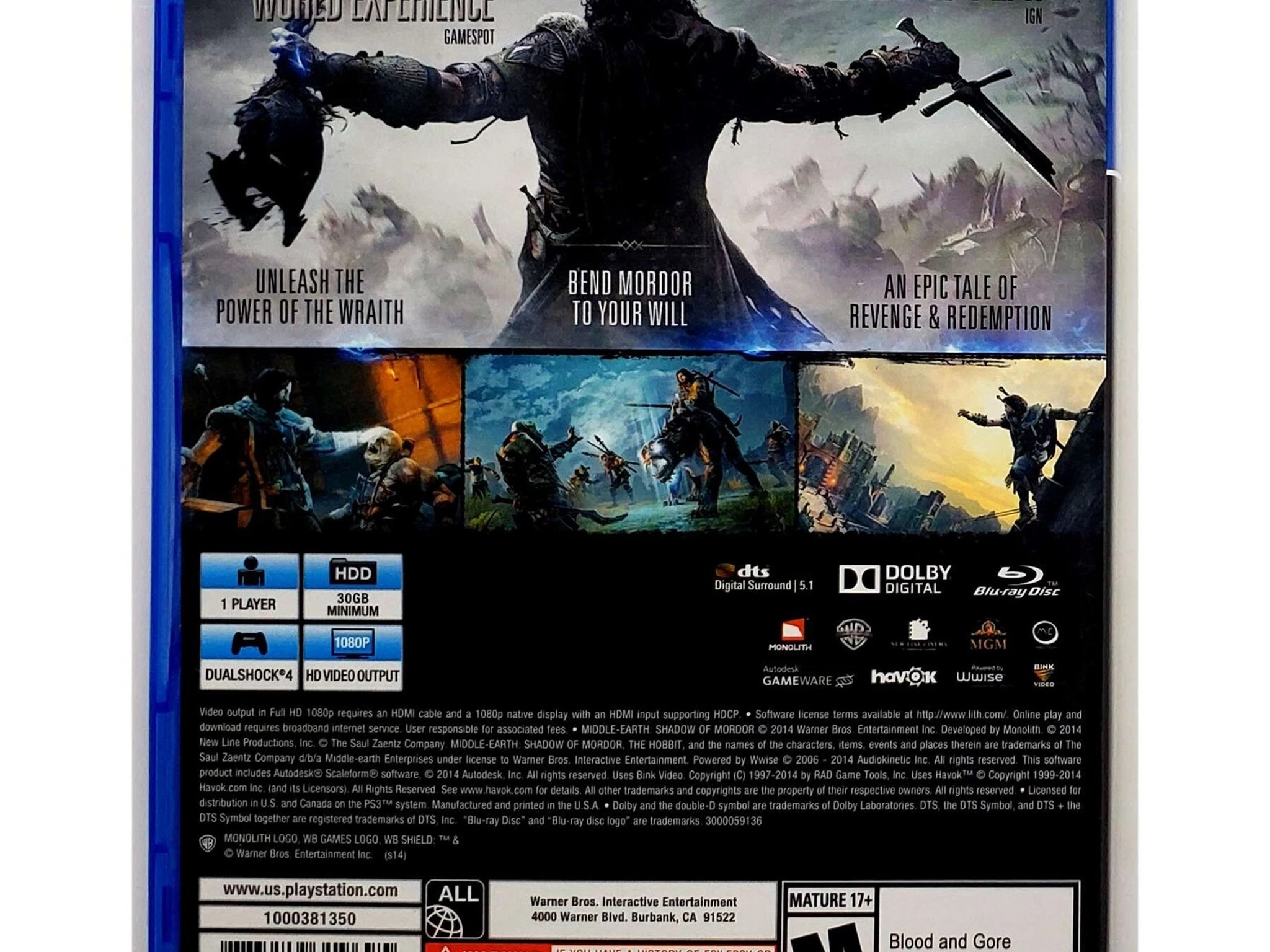 Middle Earth Shadow Of Mordor - Sony Playstation 4 PS4 Pristine Tested