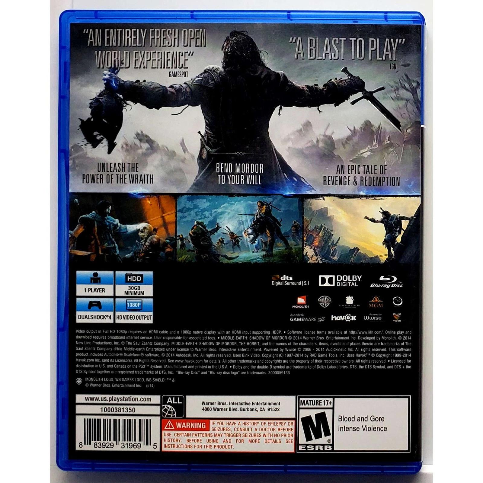 Middle Earth Shadow Of Mordor - Sony Playstation 4 PS4 Pristine Tested