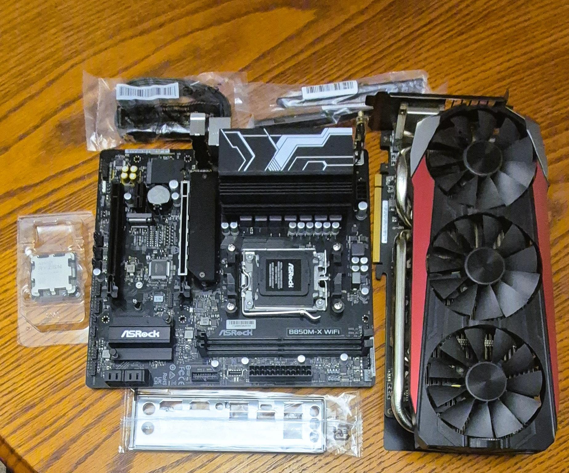 Bundle ASRock B850M-X WiFi AM5 AMD Micro ATX Mobo, Ryzen 7 7700X, ASUS STRIX-R9 390X GPU, 32GB RAM