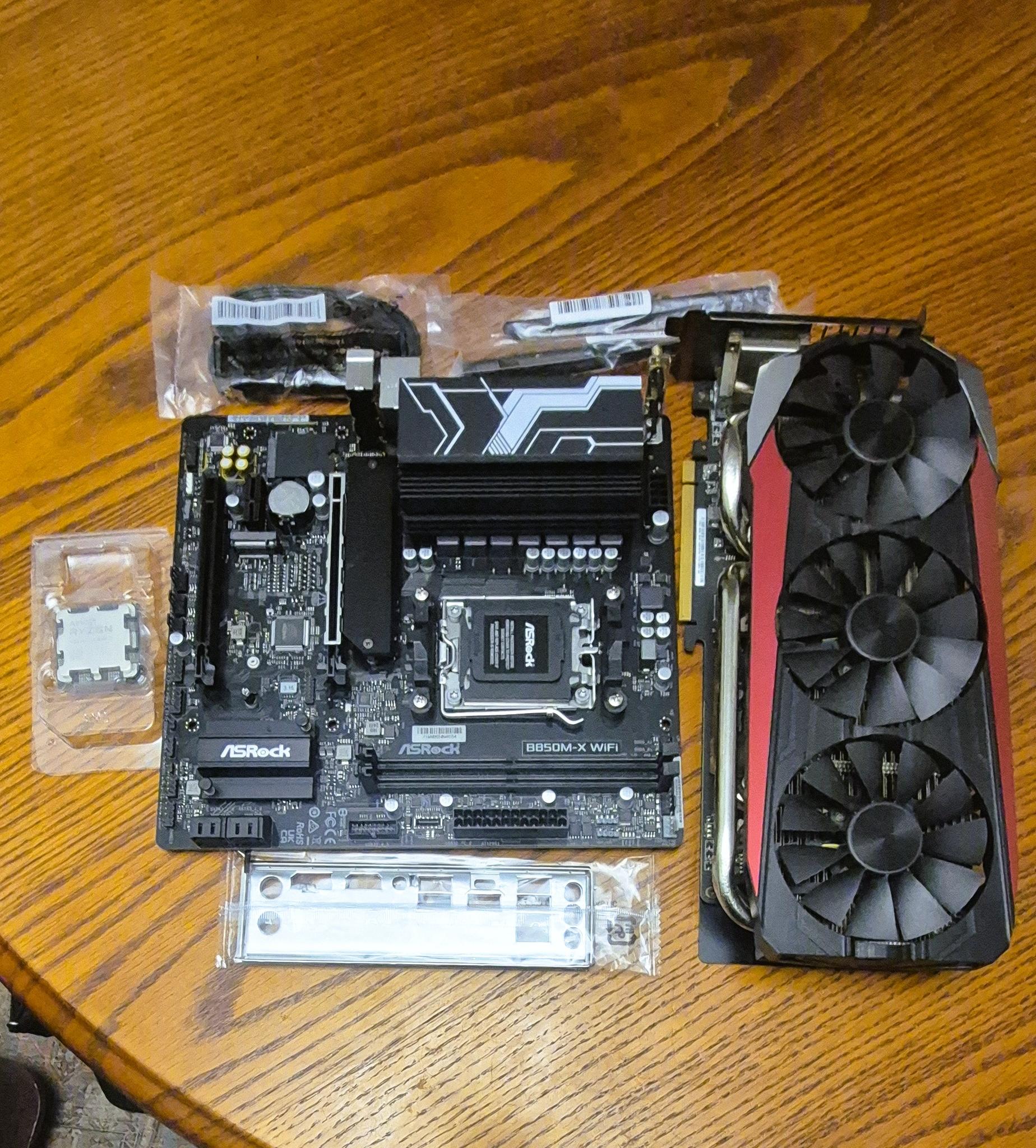 Bundle ASRock B850M-X WiFi AM5 AMD Micro ATX Mobo, Ryzen 7 7700X, ASUS STRIX-R9 390X GPU, 32GB RAM