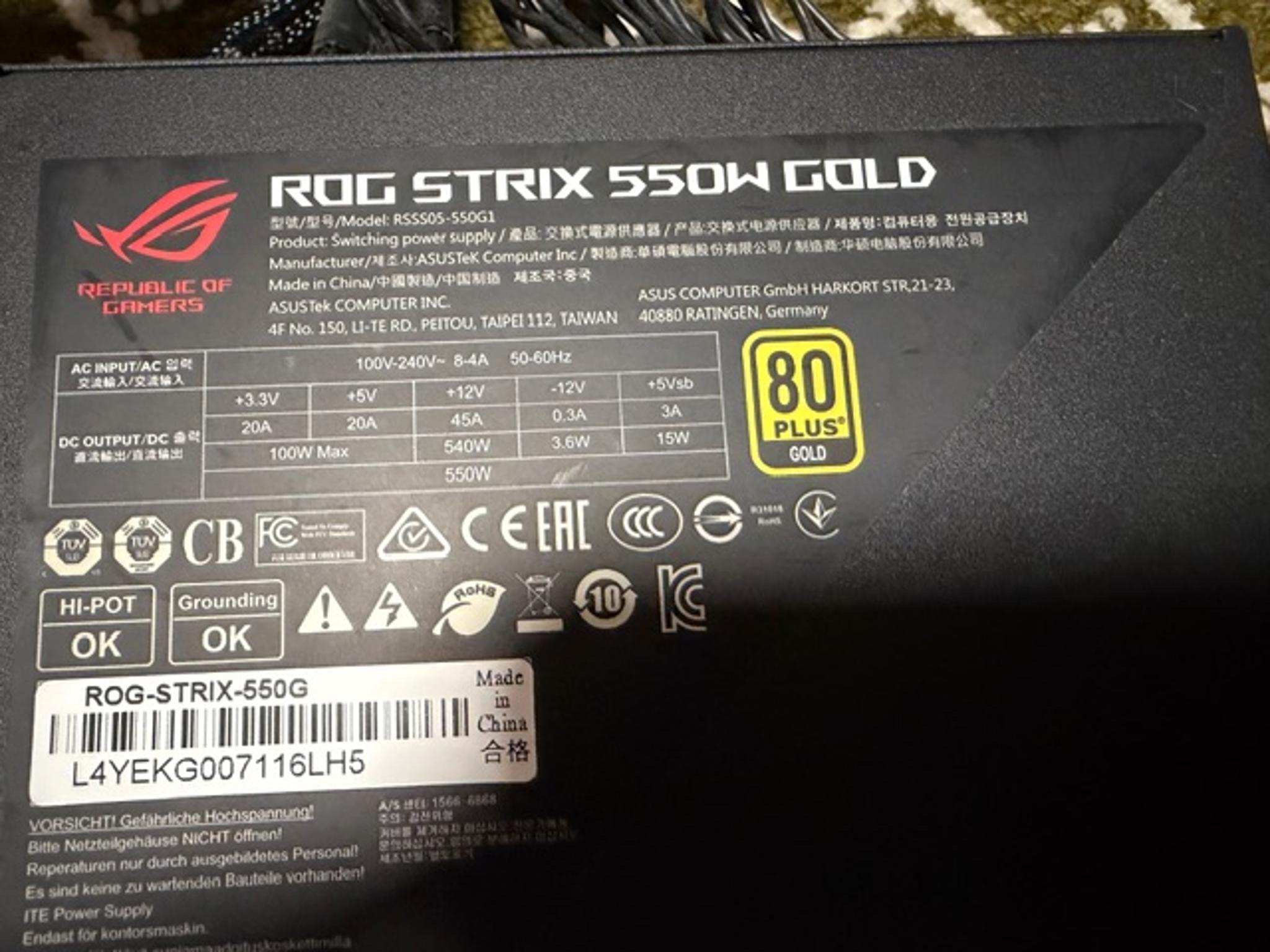 Asus ROG STRIX 550 Watt 80 Plus Gold Fully Modular ATX Power Supply.
