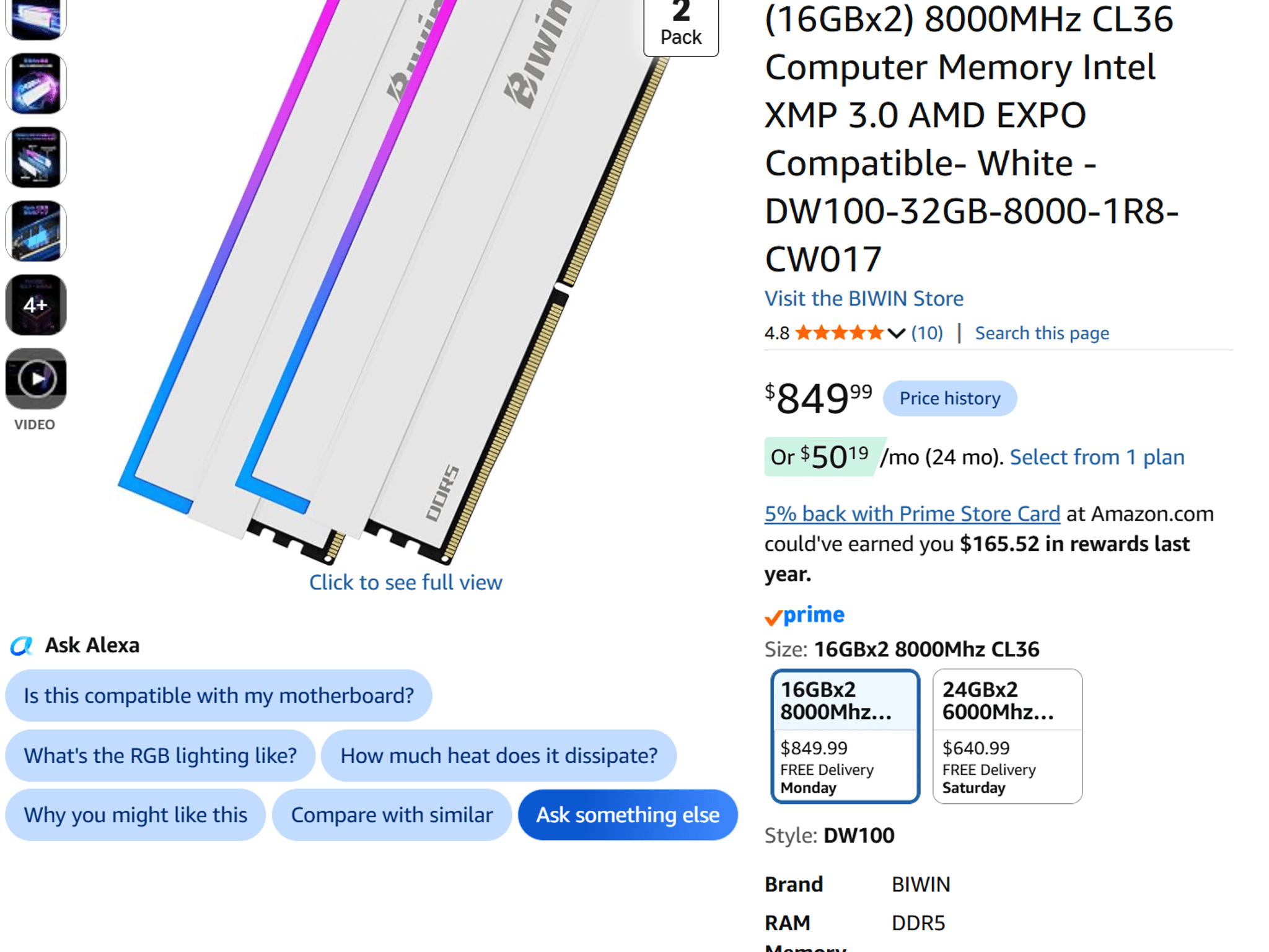 Biwin Black Opal DW100 DDR5 RGB 32GB (2x16GB) 8000MHz CL36 RAM