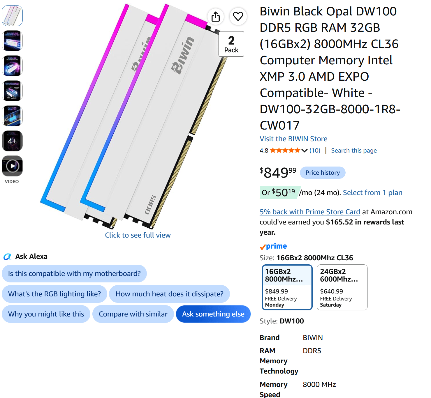 Biwin Black Opal DW100 DDR5 RGB 32GB (2x16GB) 8000MHz CL36 RAM