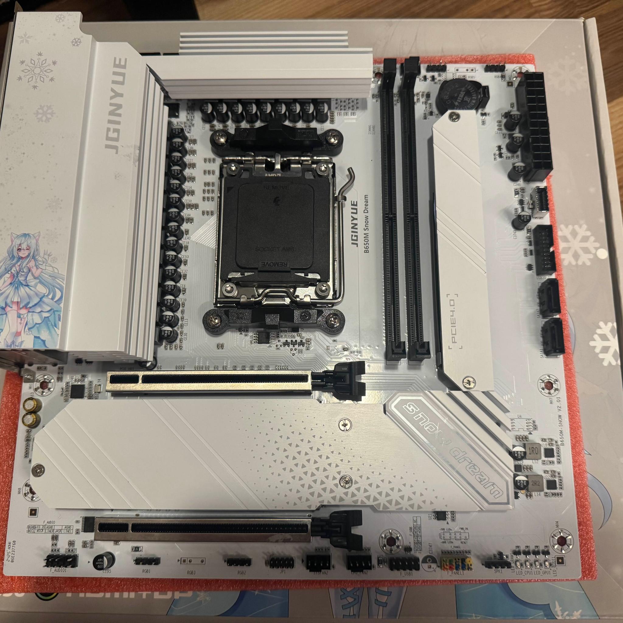 JGINYUE B650M Snow Dream motherboard + WiFi/Bluetooth installed