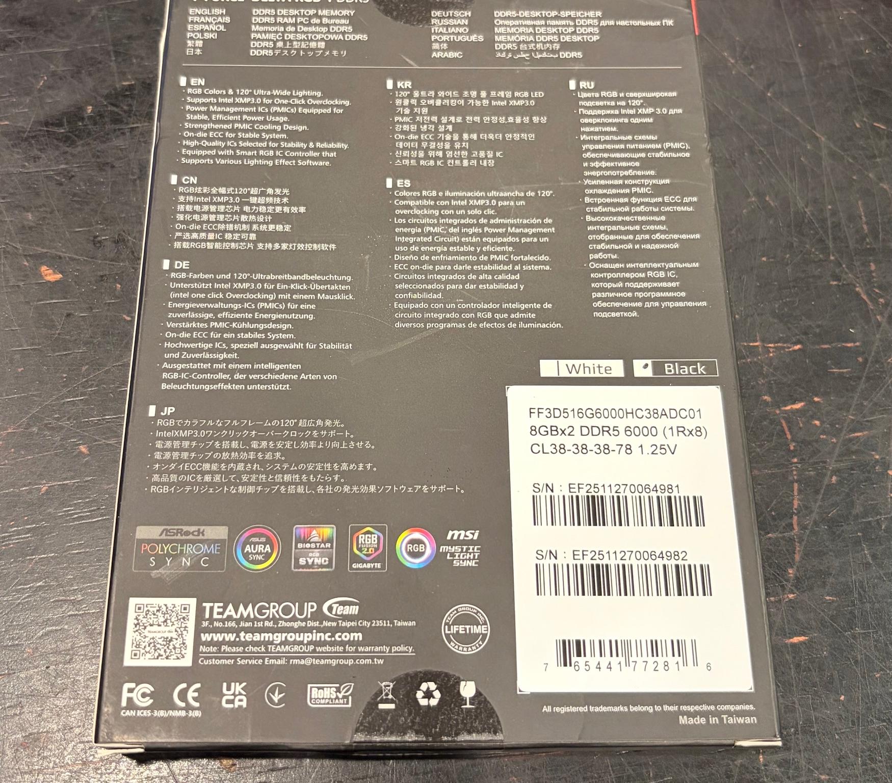 New/Sealed: 16GB (2 x 8GB) T-Force Delta RGB DDR5 6000mhz