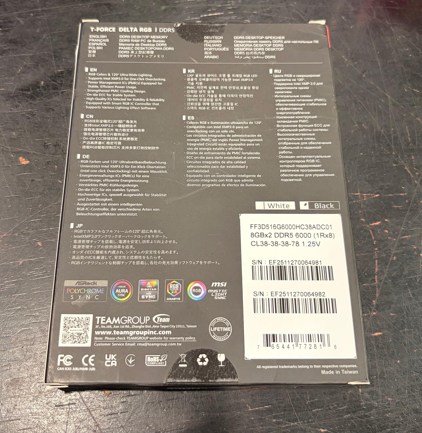 New/Sealed: 16GB (2 x 8GB) T-Force Delta RGB DDR5 6000mhz
