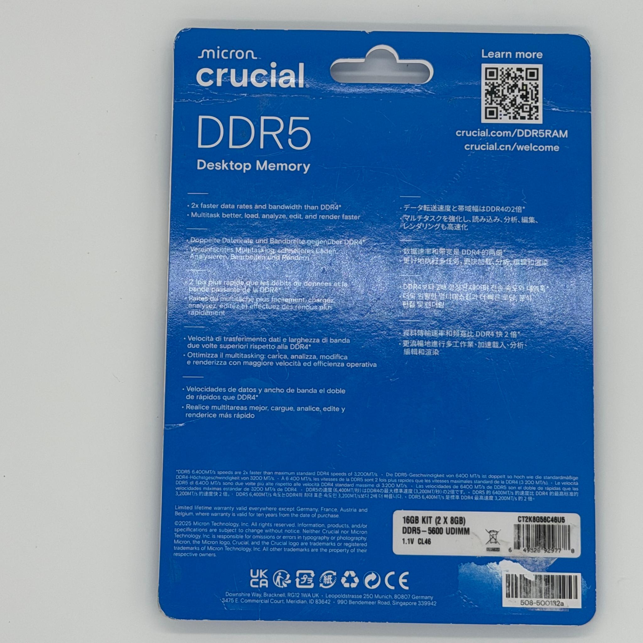 Crucial RAM 16GB Kit (2x8GB) DDR5 5600MHz UDIMM Desktop Memory CT2K8G56C46U5