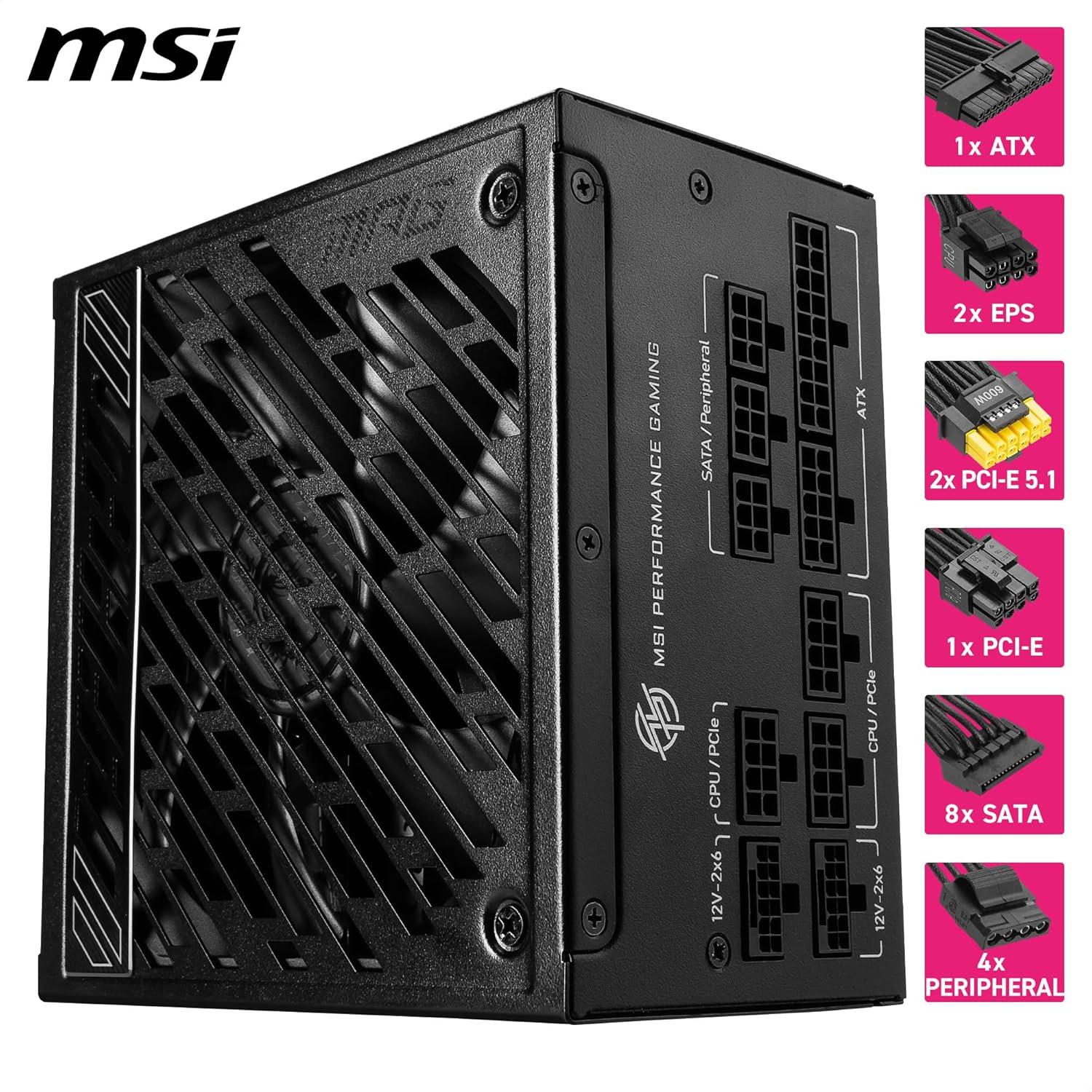 MSI MPG A1000GS PCIE5 ATX 3.1 Gaming Power Supply - Full Modular - 80 Plus Gold Certified 1000W