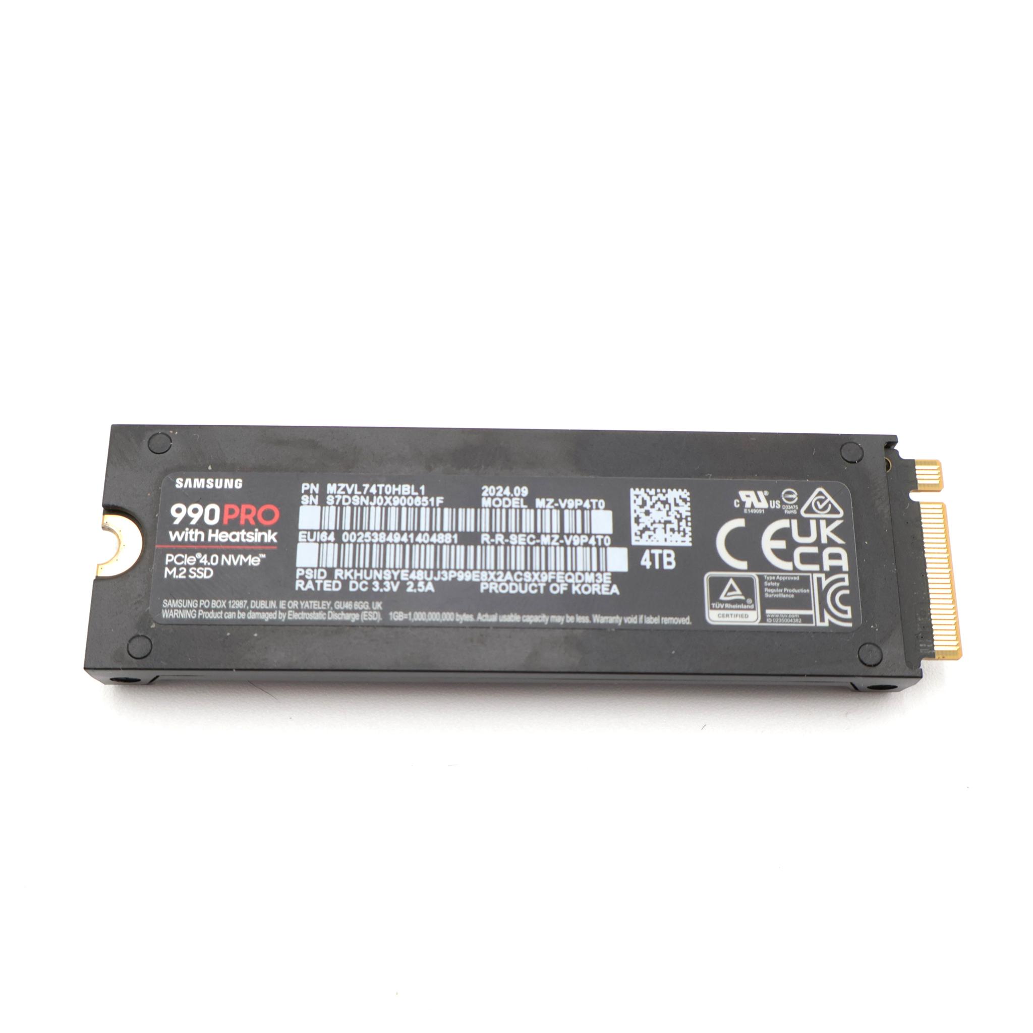 Samsung 990 PRO 4TB NVMe SSD w/Heatsink PCIe 4.0 MZ-V9P4T0CW 100% Health
