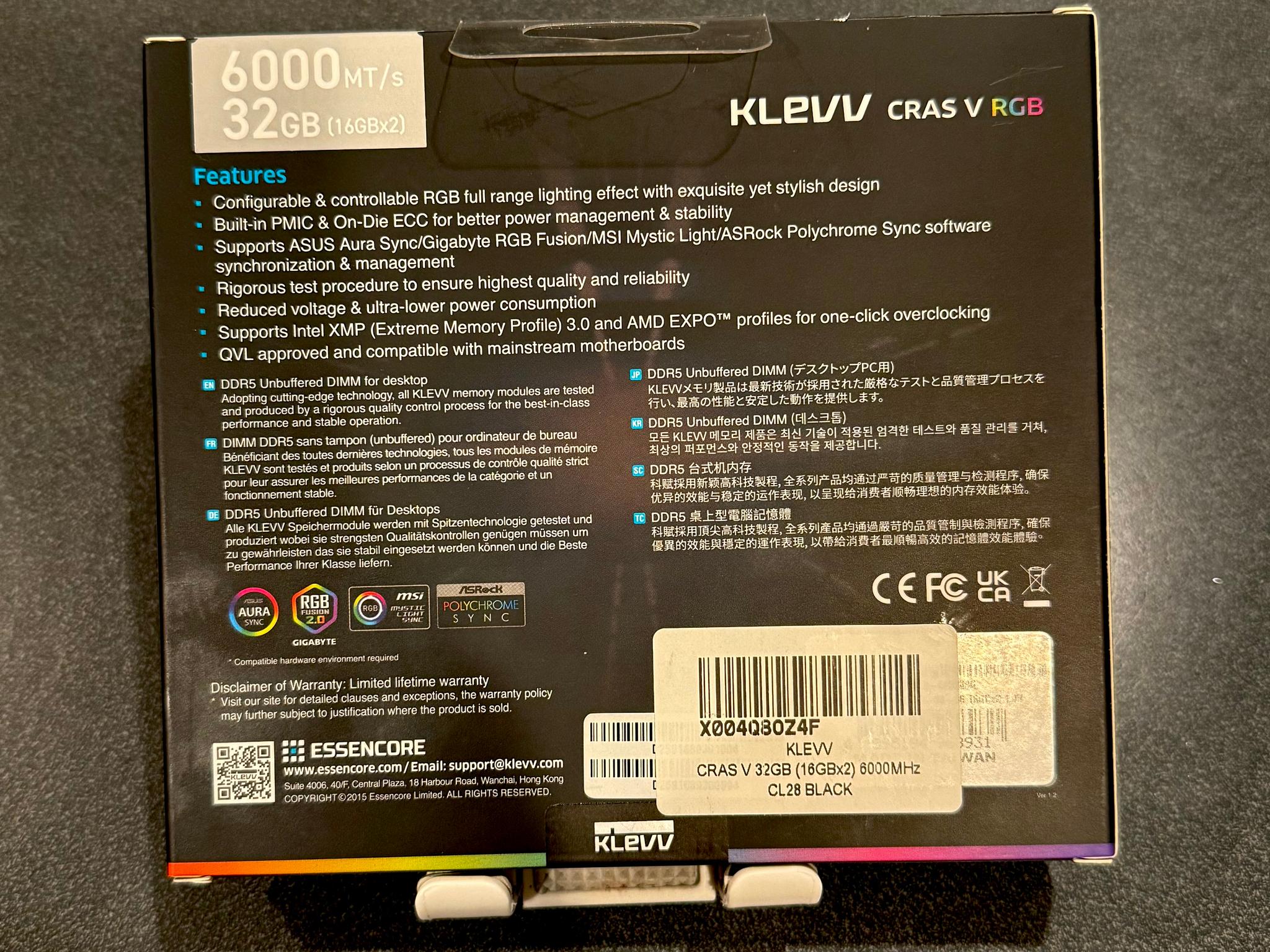 NEW 6000MHz CL28 Klevv Cras RGB 32GB (2x16GB) DDR5 RAM