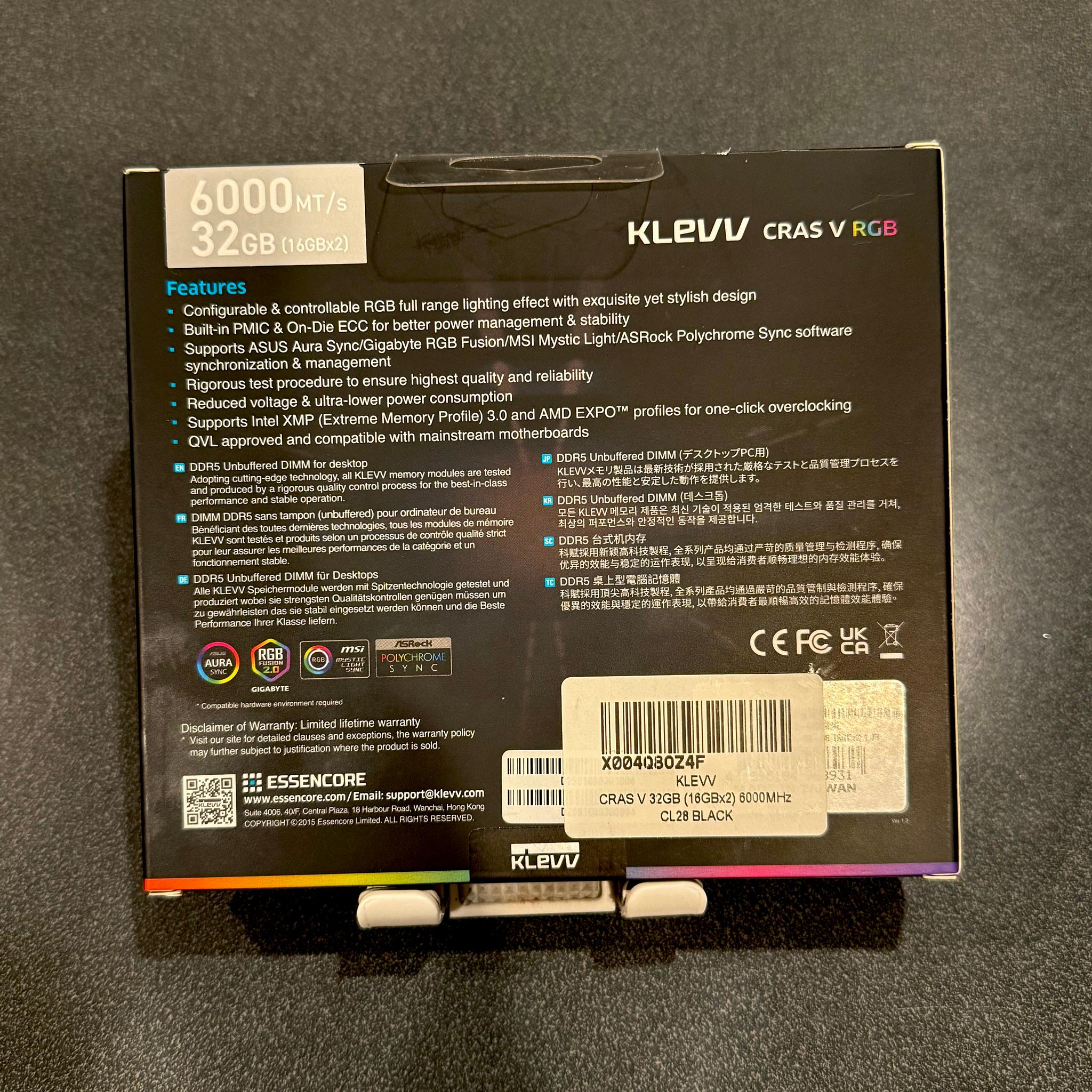 NEW 6000MHz CL28 Klevv Cras RGB 32GB (2x16GB) DDR5 RAM